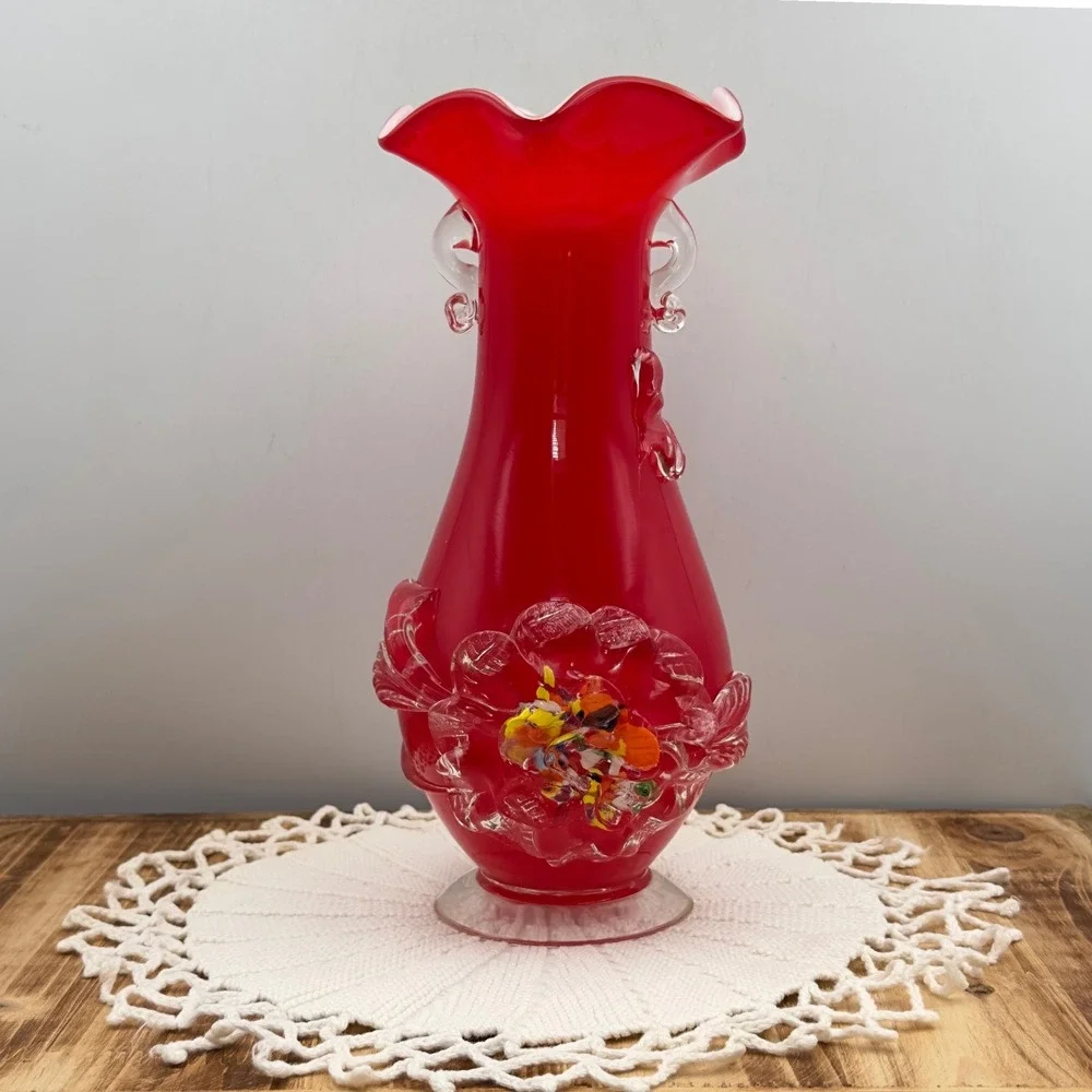 Vintage Red Cased Glass Ruffled Vase Applied Flower Confetti Center 9.5 Inch